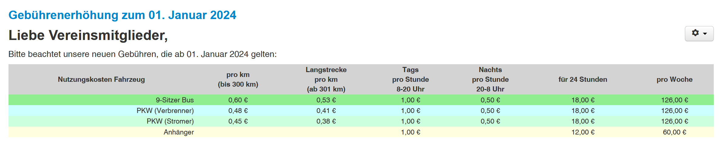 Neue Gebühren für Carsharing Neufinsing seit 1.1.24